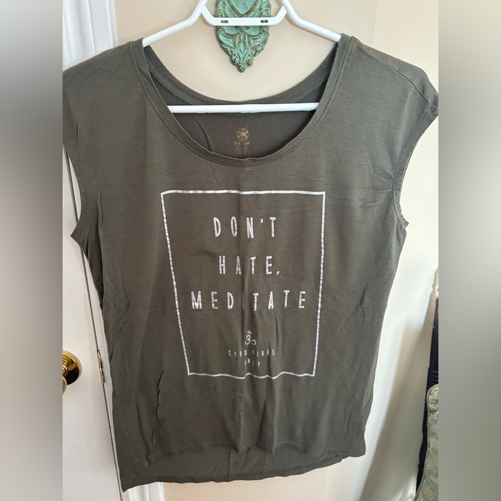GAIAM Olive Green Graphic Tank with "Don't Hate, Meditate" Print